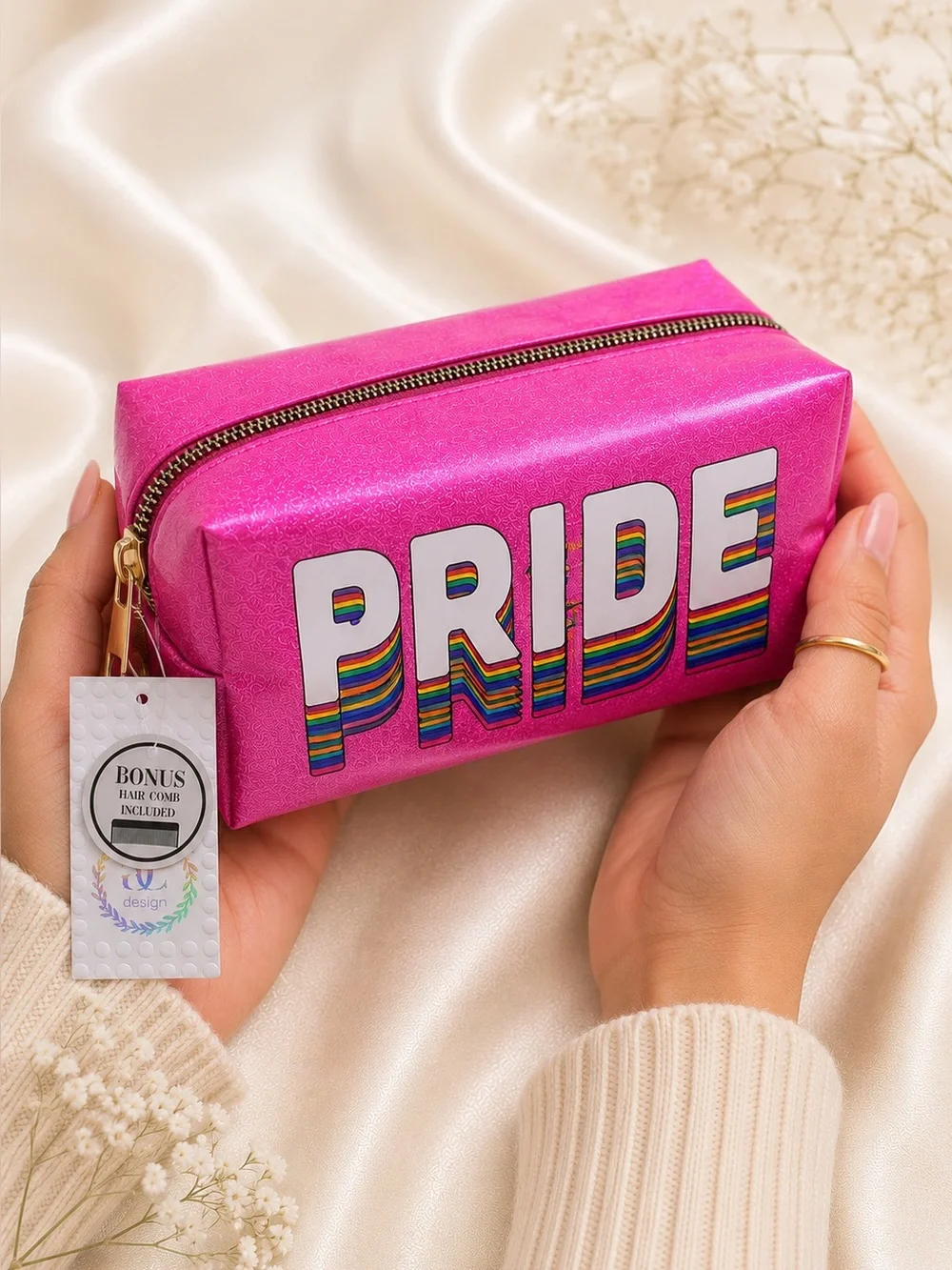 Colorful Pink Glitter Pride Zipper Carry Case Organizer Travel Cosmetic Pouch
